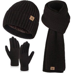 Men's Coffee 3 PCS Set Winter Warm Beanie Hat Long Scarf Touchscreen Gloves